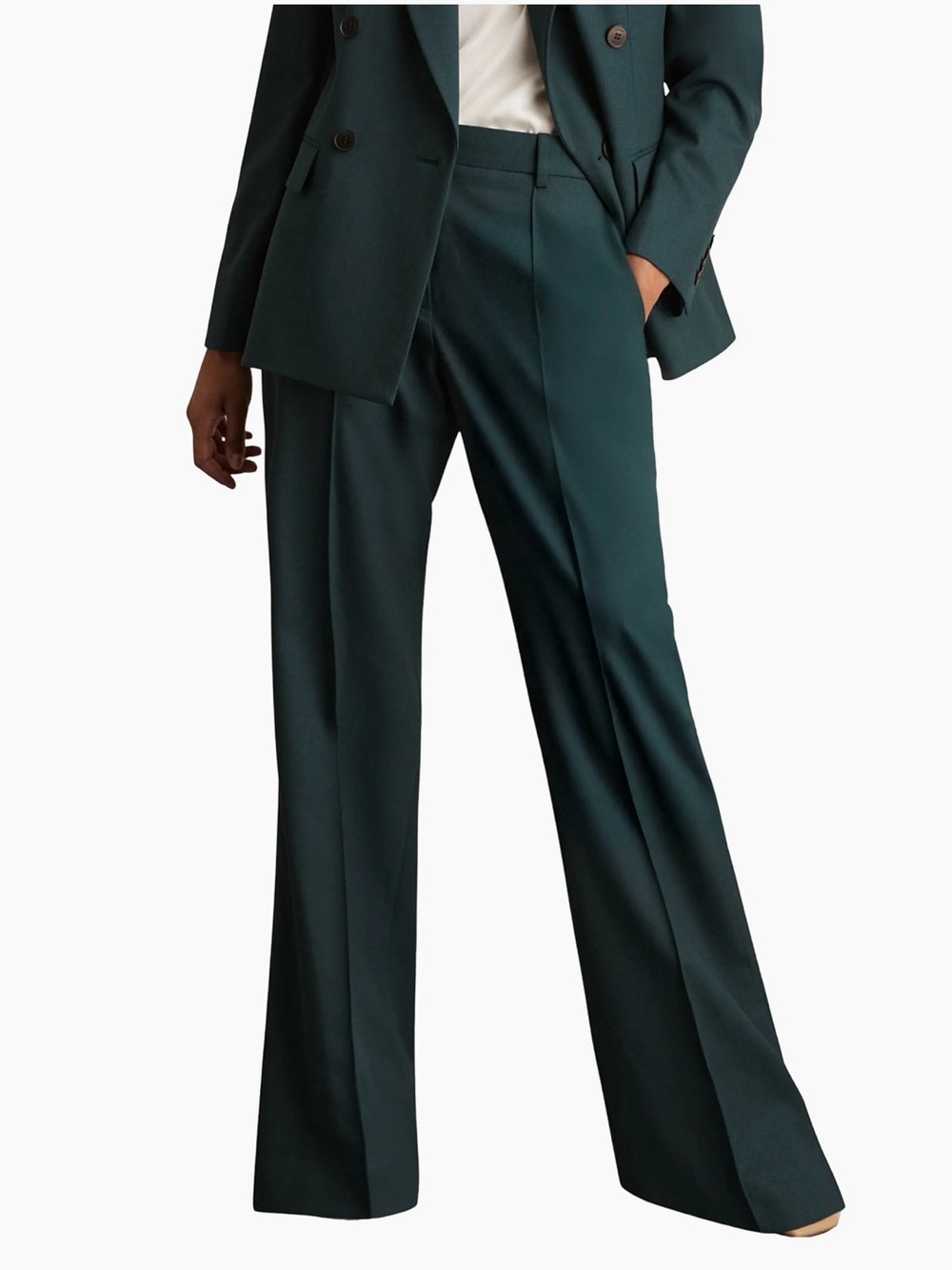 NWT - Reiss Jade Deep Green Wool Blend Wide Leg Suit Trousers - S2
